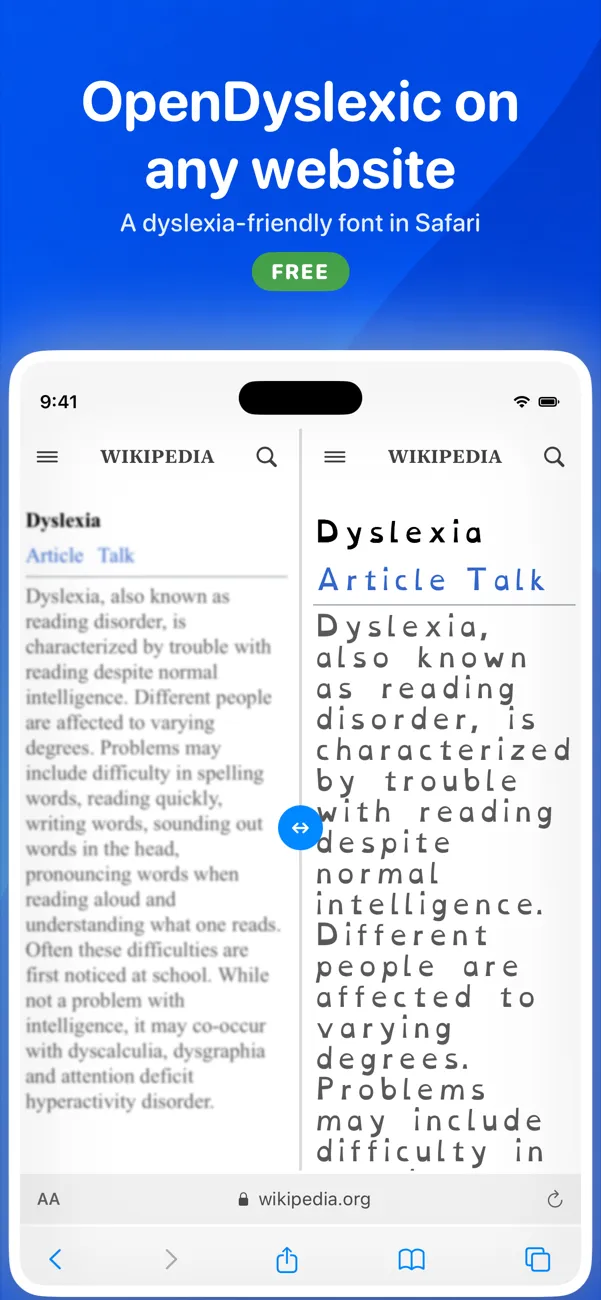Wikipedia in Safari shown side by side in its default font and in OpenDyslexic